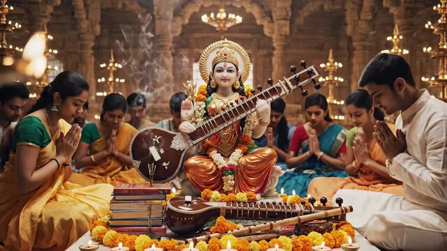 Devotees perform Saraswati Puja Hindu festival of Vasant Panchami