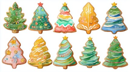 Colorful Christmas tree-shaped cookies decorated with icing, perfect for holiday celebrations and festive gatherings.