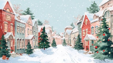 Winter scene depicting a charming street lined with colorful houses and snow-covered trees, evoking a festive holiday atmosphere.