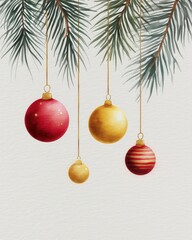 Festive Christmas ornaments hang delicately from pine branches, adding holiday cheer and warmth to any season's celebrations.