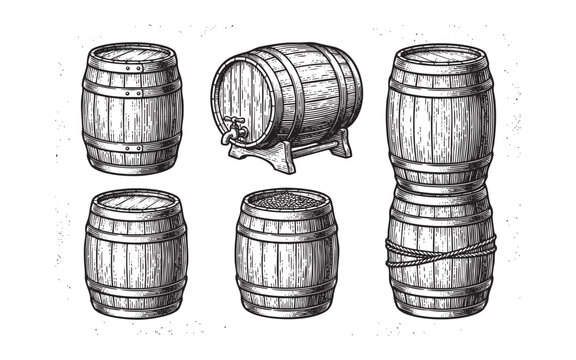Vintage Wooden Barrels. Hand Drawn Cask and Keg Set.