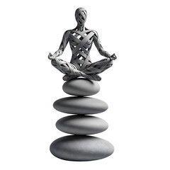 Meditative figure on stacked stones isolated on transparent background