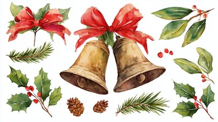 Festive watercolor illustration of Christmas bells adorned with holly, pine, and vibrant red ribbons, perfect for holiday designs.