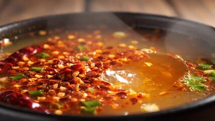 Closeup of Sizzling Hot Chili Oil Being Poured Over a Bowl of Spicy Asian Sauce or Soup Infusing Intense Flavor and Creating a Delicious Aromatic Experience for Authentic Cuisine Preparation.
