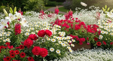 Lush garden brimming with vibrant red and white flowers creating a vivid tapestry of colors