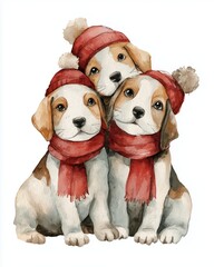 Three adorable puppies wearing red scarves and hats, showcasing a playful winter spirit that's perfect for heartwarming imagery.