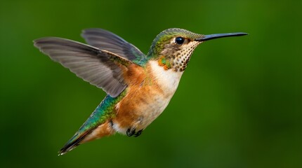 Fototapeta premium Hummingbird in Flight with Blurred Wings and Green Background