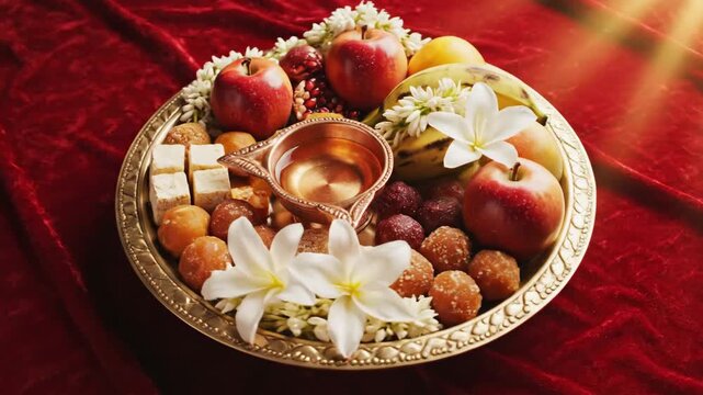 Indian Vasant Panchami Pooja Thali with Fruits and Sweets