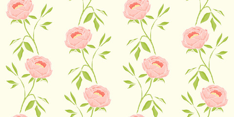 Seamless pink peony floral pattern with green leaves on cream background