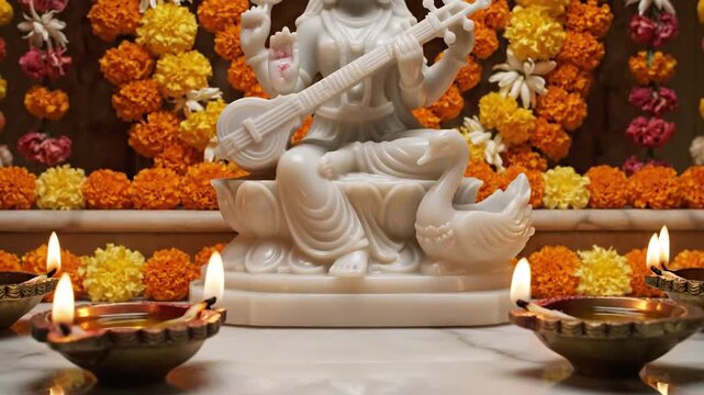 Saraswati Puja Vasant Panchami Marble Statue and Oil Lamps