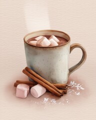 Warm and comforting cup of hot chocolate topped with fluffy marshmallows and cinnamon sticks, perfect for cozy moments.