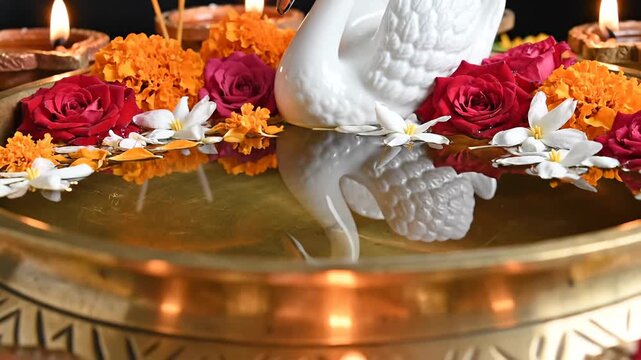 Saraswati Puja decorations with swan statue roses marigold flowers diya