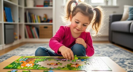Little girl engrossed in completing a vibrant jungle-themed jigsaw puzzle at home
