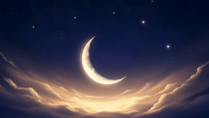 A Crescent Moon Shines Through Golden Clouds in a Starry Night Sky
