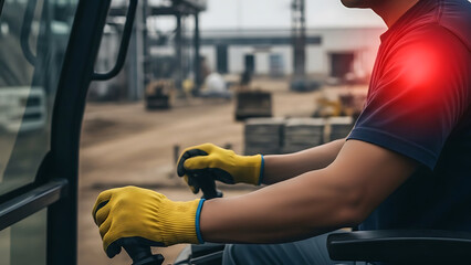 Heavy machinery operator with shoulder pain, occupational injury concept at industrial site