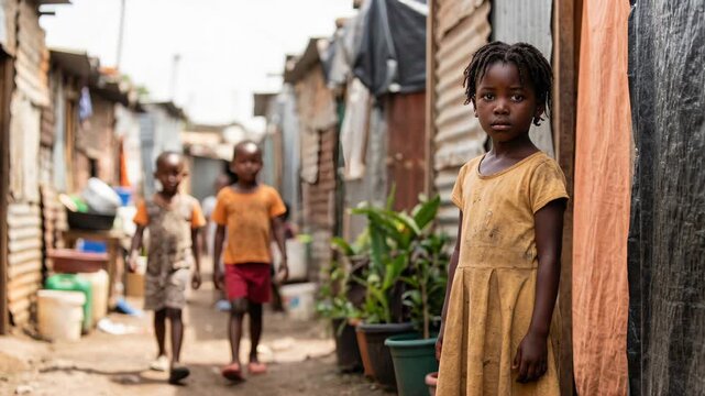 Young girl in yellow dress stands in alleyway surrounded by makeshift homes, as children play nearby, camera slowly zooms in to capture the moment