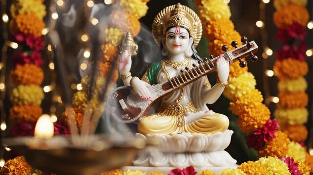 Hindu Goddess Saraswati Puja with Diya and Agarbatti Smoke