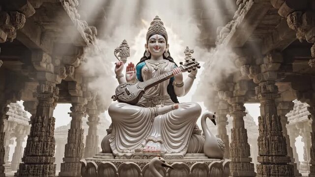Goddess Saraswati Playing Veena in Ancient Hindu Temple with Lit Diya