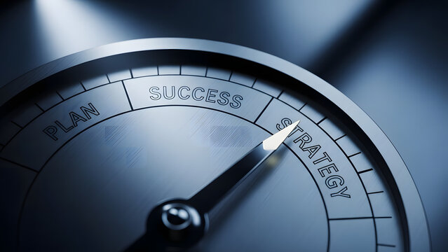 Strategy points to success, a compass needle moving towards the word success on a dial with plan and strategy indicating business direction and goal achievement metaphor
