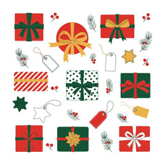 Obraz premium Festive Christmas gift box icons with holly berries and decorations in bright holiday colors
