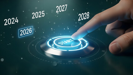 finger presses glowing blue start button on futuristic interface with year 2026 highlighted, launching future progress and new beginnings with digital elements and particles
