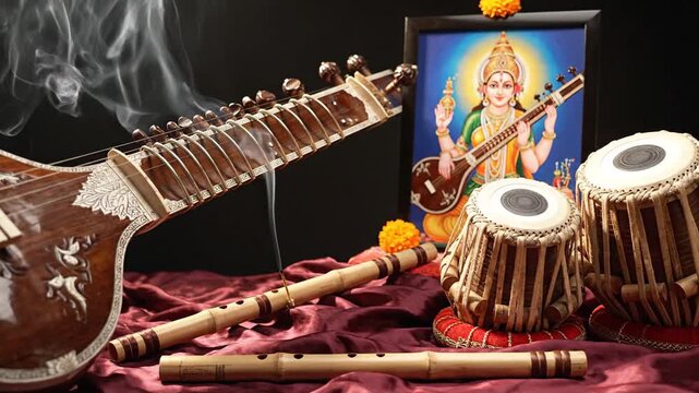 Indian Musical Instruments Sitar Tabla Flute Saraswati Puja