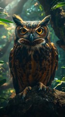 Majestic Great Horned Owl Perched in a Lush Forest Canopy.