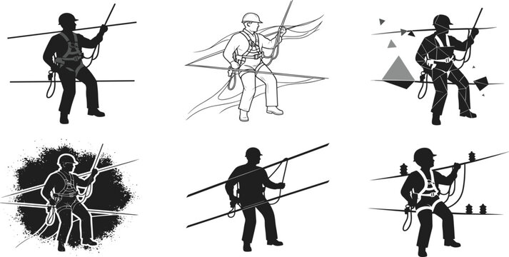 Utility worker climbing pole, electrical safety, silhouette vector, lineman illustration, power line maintenance, harness gear, abstract background, energy job