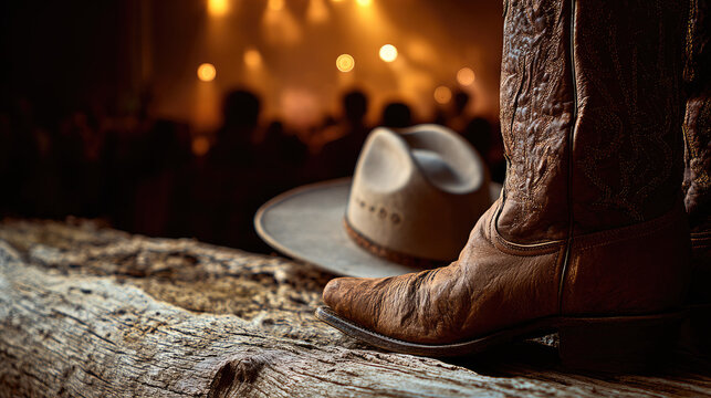 Cowboy boots with hat on wooden background concept. A close-up of a cowboy boot and hat at a lively outdoor music event.