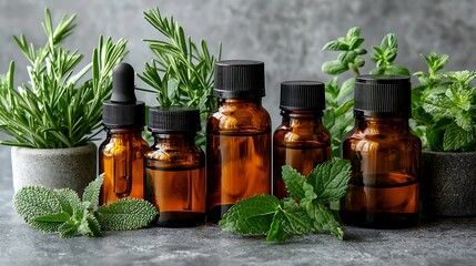 Essential Oil Bottles with Herbs and Plants for Aromatherapy.
