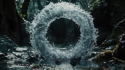 Magical Circular Water Splash Portal in a Dark Forest Stream.
