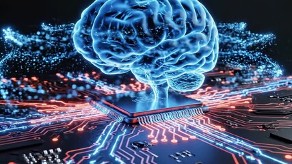 A futuristic digital brain emerges from a circuit board with glowing blue and red neon lights against a dark background - Powered by Adobe