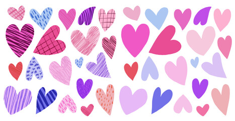 にぎやかなイメージのたくさんのハートと、手描きの落書きテクスチャー付きのハートのセット