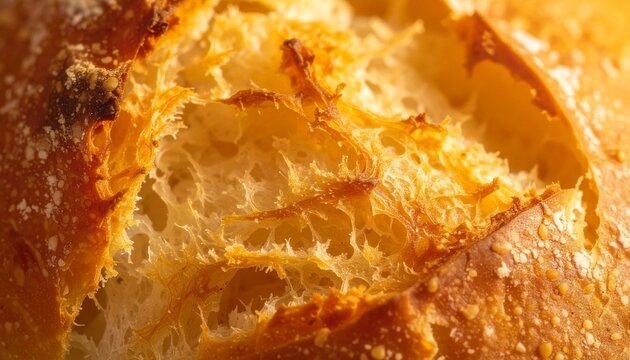 Macro close up of freshly baked rustic artisanal bread showing golden cracked crust and airy porous crumb texture