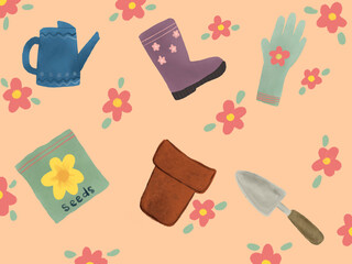 Seamless pattern of gardening tools