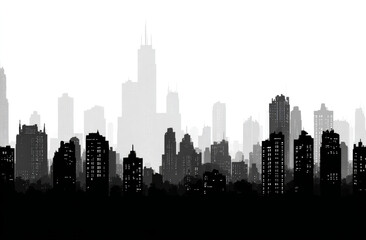 Fototapeta premium Silhouette of a city skyline with tall skyscrapers and varied building heights in black and white