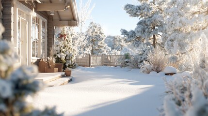 Winter scene with snow covering ground and trees in a quiet outdoor area near a house