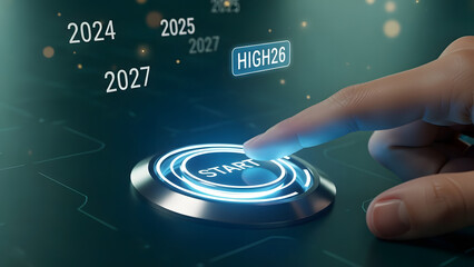 Close up of a human finger pressing a glowing 'start' button on a futuristic interface, with the year '2026' prominently displayed, symbolizing initiation of future plans or projects, possibly related