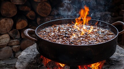 Cooking food over fire in a large black pot with flames.