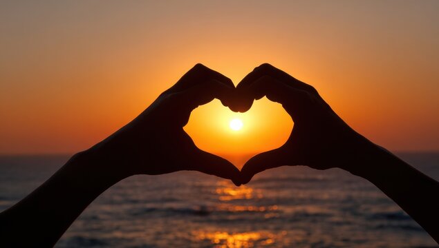 Silhouette of hands forming a heart shape around the setting sun during sunset over the ocean