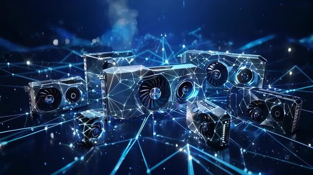 Futuristic Graphics Cards Networked Together with Digital Connections.