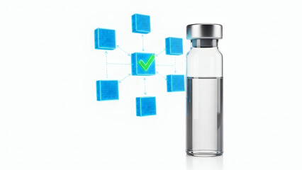 Digital verification and secure management concept for pharmaceutical products and healthcare data, illustrating traceability within a blockchain network and symbolized by a medical vial