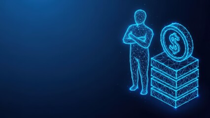 A glowing blue digital human figure with crossed arms stands next to a stack of glowing abstract objects on a dark background