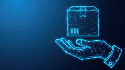 A glowing blue wireframe hand holds a digital package symbolizing modern logistics and delivery services