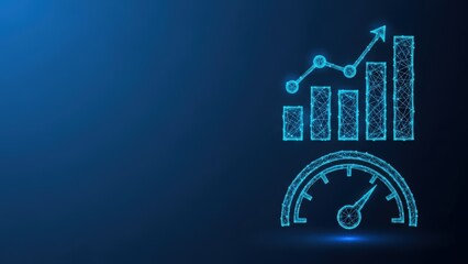 Obraz premium Digital analytics dashboard with bar graphs and a speedometer indicating growth and performance on a dark blue background