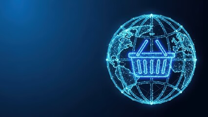 Digital global shopping basket on a wireframe world illustrating worldwide ecommerce and online business connections