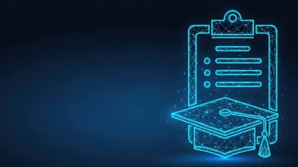 Digital graduation cap and diploma icon with checklist on a blue background representing education and academic achievement