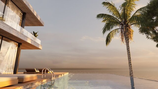 Luxurious modern villa with infinity pool and palm tree overlooking the serene ocean at sunset
