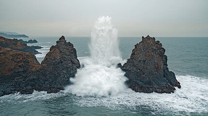 Powerful ocean wave crashing against dramatic coastal rock formations.