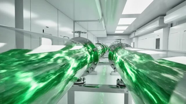 A long, sleek, silver and green industrial pipeline with several cylindrical components and bright green glowing fluid flowing through it in a laboratory or factory setting